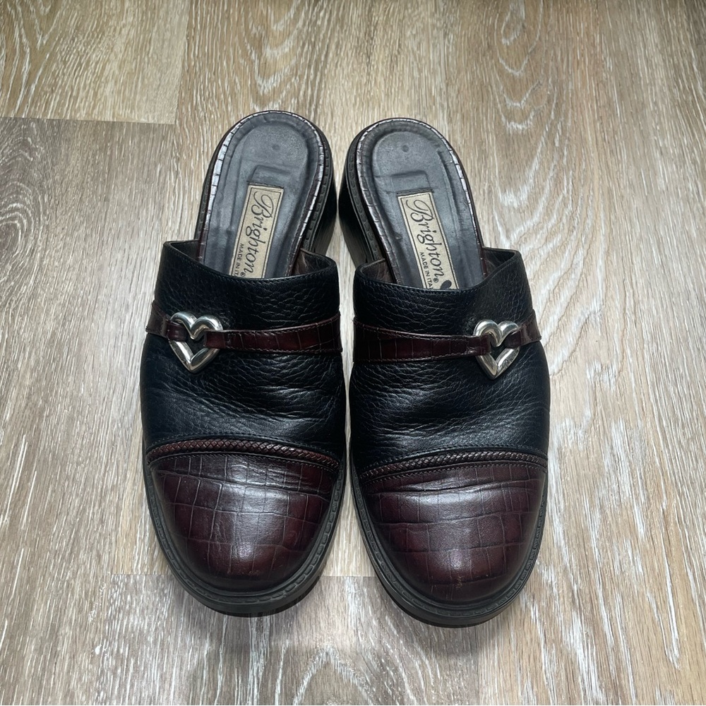 Brighton Kelsey womens slip on leather mules clogs with silver heart detail